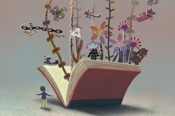 Aufgeschlagenes Buch mit herauswachsenden Figuren und Pflanzen